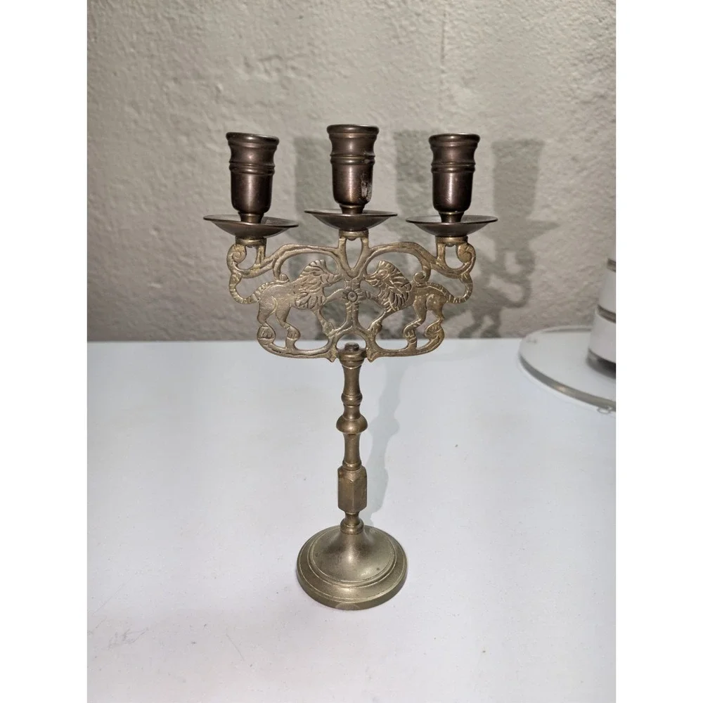 20th Century Judaica Brass American Candelabra Sabbath Jewish Rampant Lions